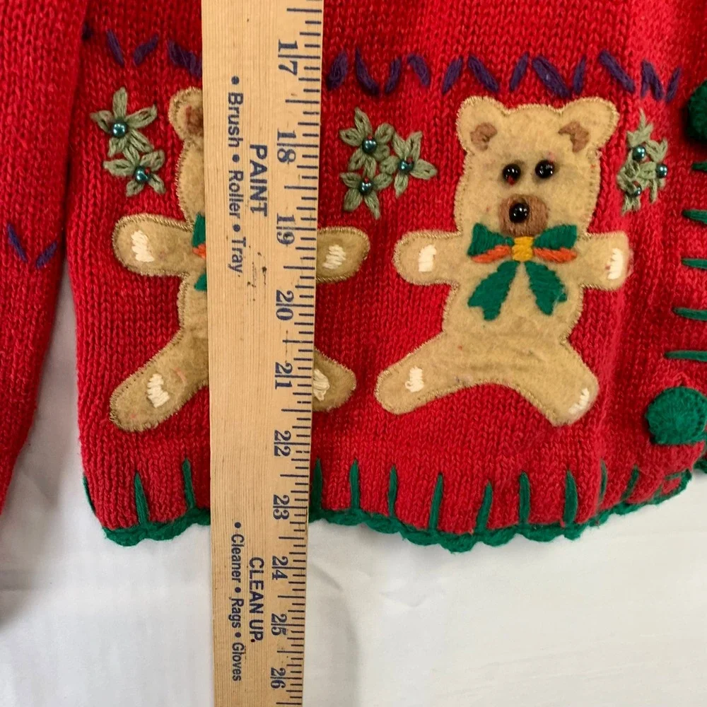 Hampshire Studio Cardigan Women‎ M Red Christmas Teddy Bear Applique Sweater